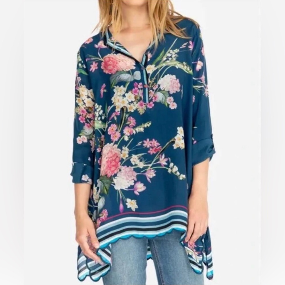 Johnny Was Willow Blue Floral Handkerchief Scalloped Tunic Top Size Medium